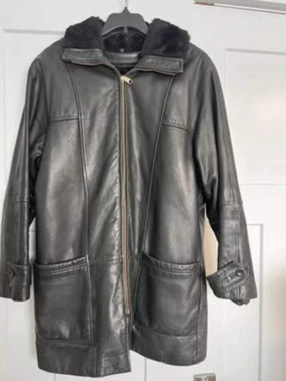 Vintage JNY Women's Black Leather Mid-Length Lined Zip Coat Faux Medium